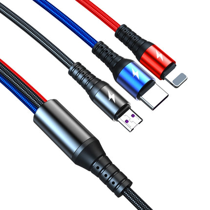 Cable de datos de carga rápida redondo K061 de 1,2 m y 5 A, 3 en 1, USB a 8 pines + USB-C/Tipo-C + Micro USB