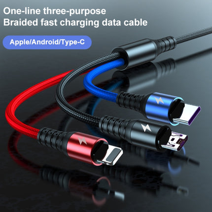 Cable de datos de carga rápida redondo K061 de 1,2 m y 5 A, 3 en 1, USB a 8 pines + USB-C/Tipo-C + Micro USB