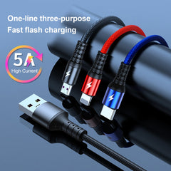 K061 1.2m 5A 3 in 1 USB to 8 Pin + USB-C / Type-C + Micro USB Round Fast Charging Data Cable