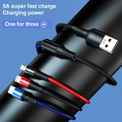 K061 1.2m 5A 3 in 1 USB to 8 Pin + USB-C / Type-C + Micro USB Round Fast Charging Data Cable