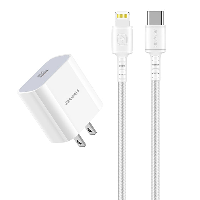 awei PD5 PD 20W Fast Charging Travel Charger Power Adapter with Type-C / USB-C to 8 Pin Cable, US Plug