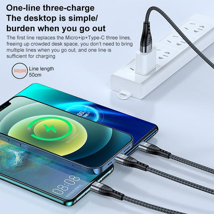 Cable de datos trenzado de carga rápida ADC-138 3 en 1 de 66 W, USB a 8 pines + Micro USB + USB-C/Tipo-C, longitud del cable: 1,2 m