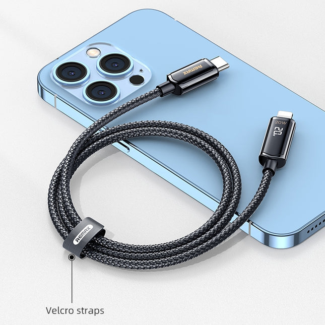 Cable de datos de carga trenzado de aleación de zinc REMAX RC-128i de 20 W tipo C/USB-C a pantalla digital inteligente de 8 pines, longitud: 1,2 m
