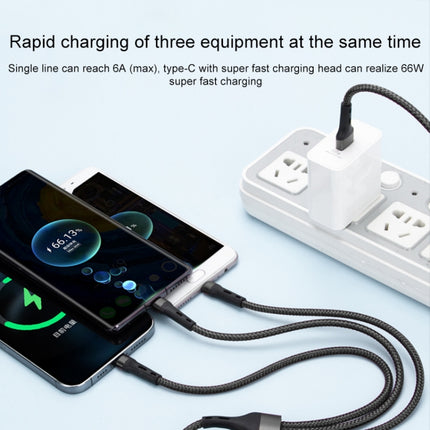 100W 6A Type-C to 8 Pin+Type-C+Micro USB Charging Data Cable, 1.3m