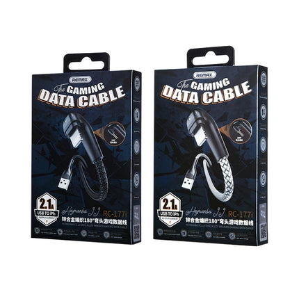 Cable de datos para juegos trenzado de aleación de zinc REMAX RC-177i Heymanba II 2.1A USB a 8 pines con codo de 180 grados, longitud del cable: 1 m, RC-177i