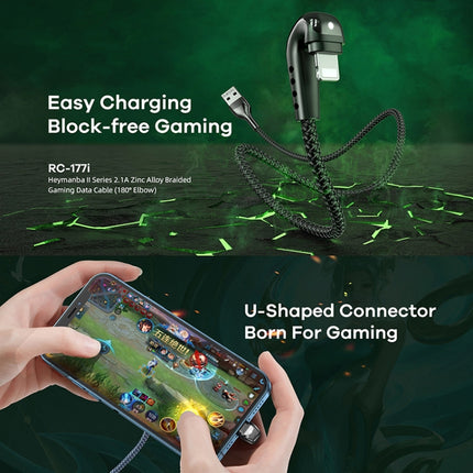 Cable de datos para juegos trenzado de aleación de zinc REMAX RC-177i Heymanba II 2.1A USB a 8 pines con codo de 180 grados, longitud del cable: 1 m, RC-177i