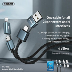 REMAX RC-020t 2.4A Aurora Series 4 in 1 8 Pin + USB +2 x Type-C Data Snyc Charging Cable, Cable Length: 1m