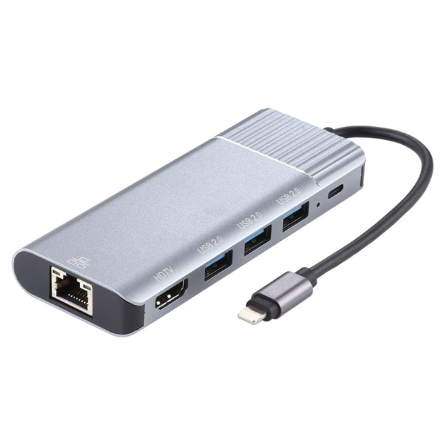 6 in 1 USB 2.0 x 3 + HDMI + RJ45 + 8 Pin Female Charging Port to 8 Pin Male Multi-function Dock Station Adapter
