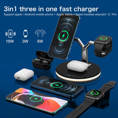 3 in 1 25W Multi-function Magnetic Wireless Charger for Mobile Phones & Apple Watches & AirPods , with Colorful LED Light