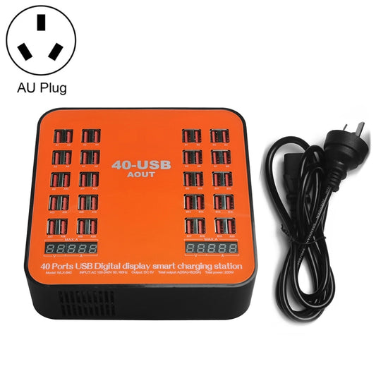 WLX-840 200W 40 Ports USB Digital Display Smart Charging Station AC100-240V, AU Plug (Black+Orange), AU Plug