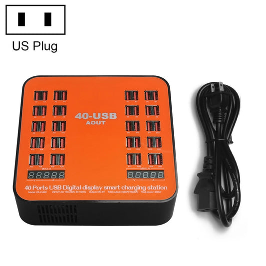 WLX-840 200W 40 Ports USB Digital Display Smart Charging Station AC100-240V, US Plug (Black+Orange), US Plug