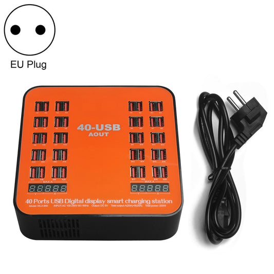 WLX-840 200W 40 Ports USB Digital Display Smart Charging Station AC100-240V, EU Plug (Black+Orange), EU Plug