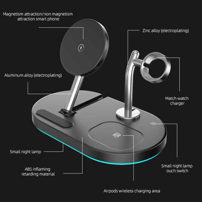 S20 4 in 1 15W Multifunctional Magnetic Wireless Charger with Night Light & Holder for Mobile Phones / AirPods, S20 Black, S20 White