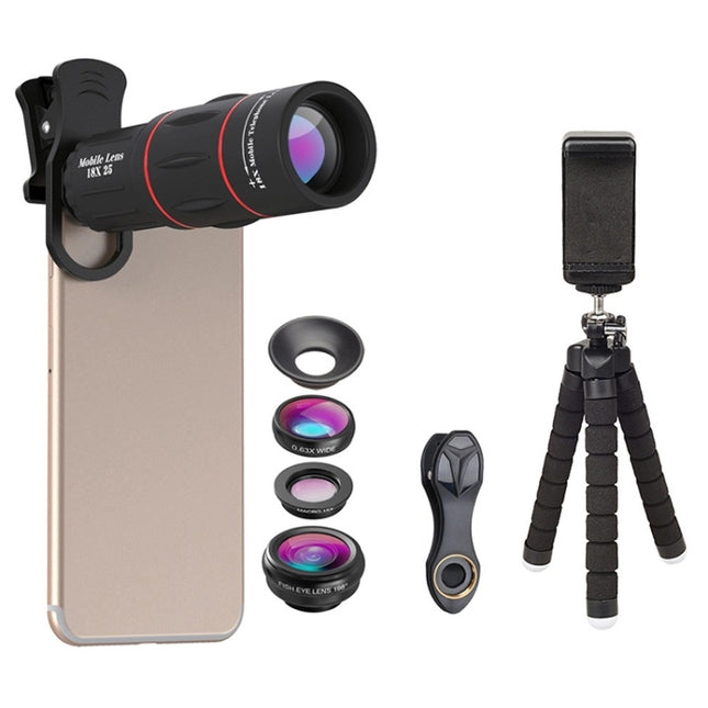 APEXEL APL-T18XBZJ5 4 in 1 18X Telescope + 0.63X Wide Lens + 198 Degrees Fisheye Lens + 15X Macro Lens Universal External Camera Phone Lens, APL-T18XBZJ5