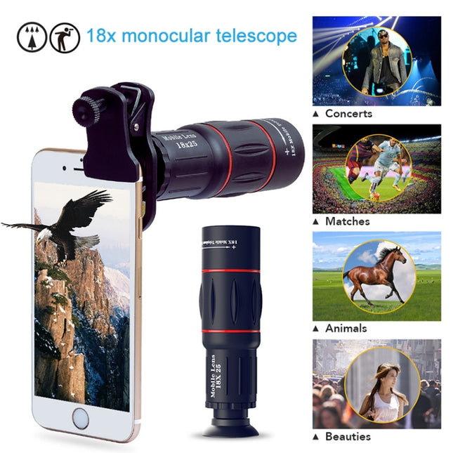 APEXEL APL-T18XBZJ5 4 in 1 18X Telescope + 0.63X Wide Lens + 198 Degrees Fisheye Lens + 15X Macro Lens Universal External Camera Phone Lens, APL-T18XBZJ5