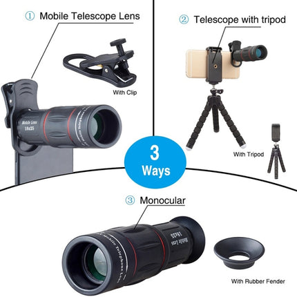 APEXEL APL-T18XBZJ5 4 in 1 18X Telescope + 0.63X Wide Lens + 198 Degrees Fisheye Lens + 15X Macro Lens Universal External Camera Phone Lens, APL-T18XBZJ5