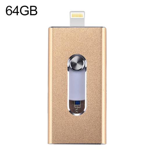 RQW-02 3 in 1 USB 2.0 & 8 Pin & Micro USB 64GB Flash Drive, RQW-02 Gold