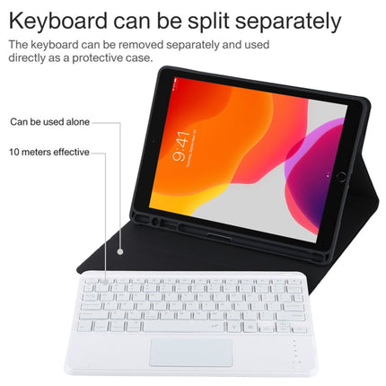 TG-102BCS Detachable Bluetooth White Keyboard + Microfiber Leather Tablet Case for iPad 10.2 inch / iPad Air (2019), with Touch Pad & Backlight & Pen Slot & Holder, White Keyboard