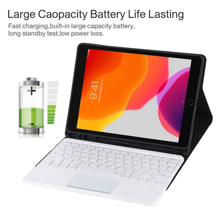 TG-102BC Detachable Bluetooth White Keyboard + Microfiber Leather Tablet Case for iPad 10.2 inch / iPad Air (2019), with Touch Pad & Pen Slot & Holder, White Keyboard