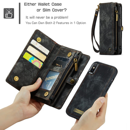 Para iPhone X / XS CaseMe-008 Funda de cuero con tapa trasera desmontable con absorción magnética de TPU + PC con soporte, ranuras para tarjetas, billetera con cremallera y marco para fotos