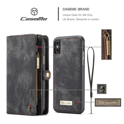 Para iPhone X / XS CaseMe-008 Funda de cuero con tapa trasera desmontable con absorción magnética de TPU + PC con soporte, ranuras para tarjetas, billetera con cremallera y marco para fotos