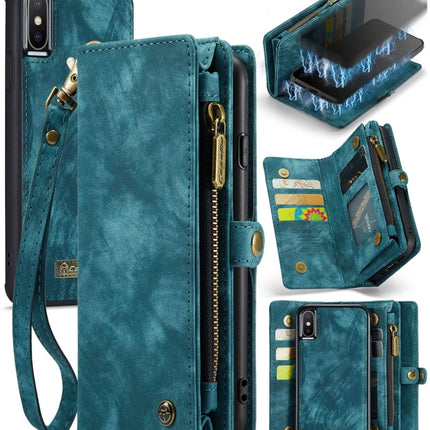 Para iPhone X / XS CaseMe-008 Funda de cuero con tapa trasera desmontable con absorción magnética de TPU + PC con soporte, ranuras para tarjetas, billetera con cremallera y marco para fotos