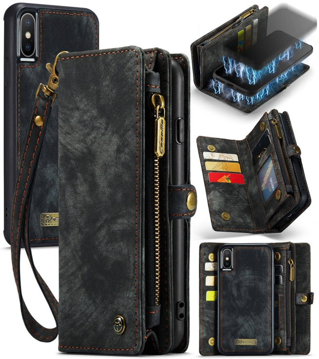 Para iPhone XS Max CaseMe Funda de cuero con tapa horizontal multifuncional desmontable con ranura para tarjetas, soporte, billetera con cremallera y marco para fotos, para iPhone XS Max