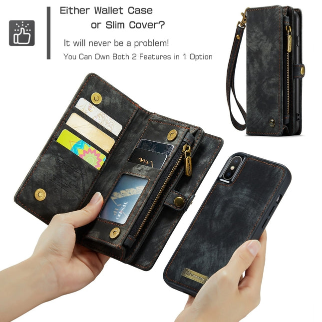 Para iPhone XS Max CaseMe Funda de cuero con tapa horizontal multifuncional desmontable con ranura para tarjetas, soporte, billetera con cremallera y marco para fotos, para iPhone XS Max