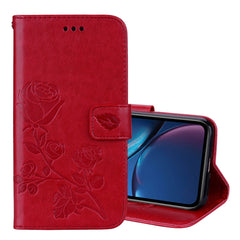 Für iPhone XR, horizontale Klapphülle aus PU-Leder mit Rosenprägung, mit Halter, Kartenfächern und Geldbörse, für XR