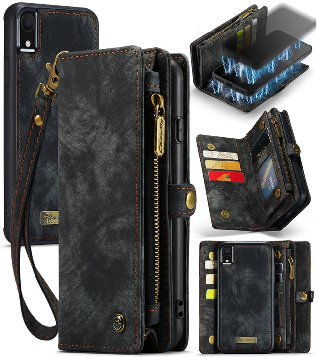 Para iPhone XR CaseMe Funda de cuero con tapa horizontal multifuncional desmontable con ranura para tarjetas y soporte y billetera con cremallera y marco para fotos, para iPhone XR, para iPhone XR
