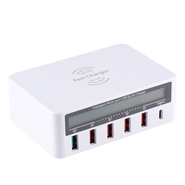 WLX-818F 6-in-1 10 W QC3.0 kabelloses Laden + USB-C/Typ-C + 4 USB-Anschlüsse Ladegerät mit intelligentem LCD-Bildschirm, EU-/AU-Stecker, EU-/AU-Stecker (weiß)