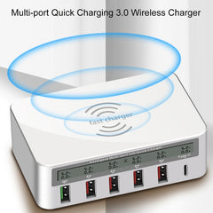 WLX-818F 6 in 1 10W QC3.0 Wireless Charging + USB-C / Type-C + 4 USB Ports Charger with Smart LCD Display Screen, EU / AU Plug, EU / AU Plug (White)