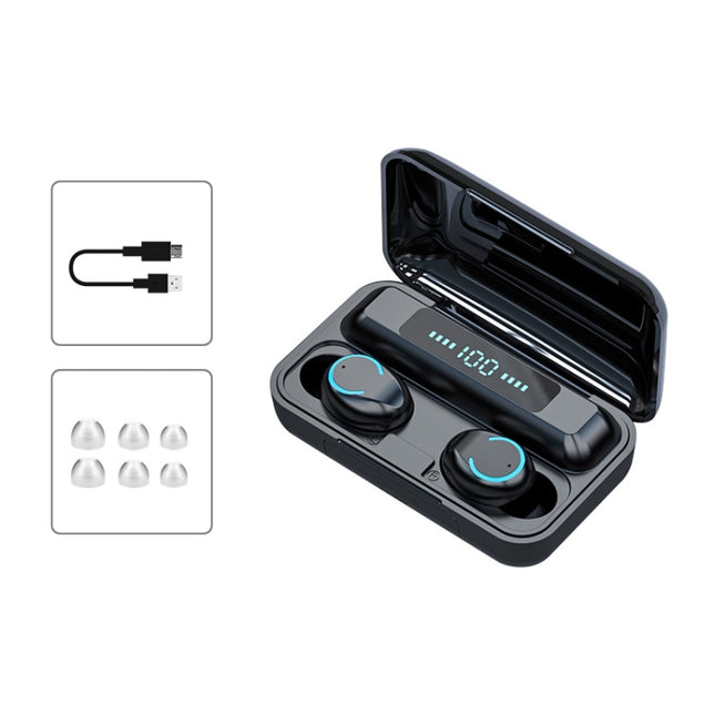 F9-9 TWS CVC8.0 Noise Cancelling Bluetooth Earphone with Charging Box, Support Touch Lighting Effect & Three-screen LED Power Display & Power Bank & Mobile Phone Holder & HD Call & Voice Assistant, F9-9 Black