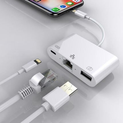 8 Pin to RJ45 1000Mbps Network Adapter + Charging Port + Camera USB Read Multi-function Converter, 1000Mbps