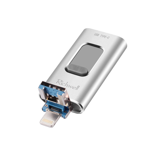 Disco flash de metal push-pull Richwell 3 en 1 64G tipo C + 8 pines + USB 3.0 con función OTG