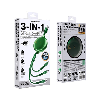 Cable de datos de carga telescópico Bona Series WK WDC-124 3A 3 en 1 de 8 pines + tipo C/USB-C + micro USB, longitud: 1,5 m