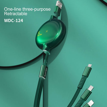 Cable de datos de carga telescópico Bona Series WK WDC-124 3A 3 en 1 de 8 pines + tipo C/USB-C + micro USB, longitud: 1,5 m