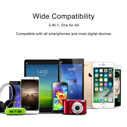 1.2m 3 in 1 USB to USB-C / Type-C + 8Pin + Micro USB Retractable Data Syn Charging Cable