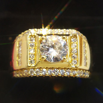 Fashion New Style Gold Plated + AAA Zircon Inlaid Rhinestone Men Diamond Ring, Size: 10, Diameter: 19.8mm, Perimeter: 62.1mm