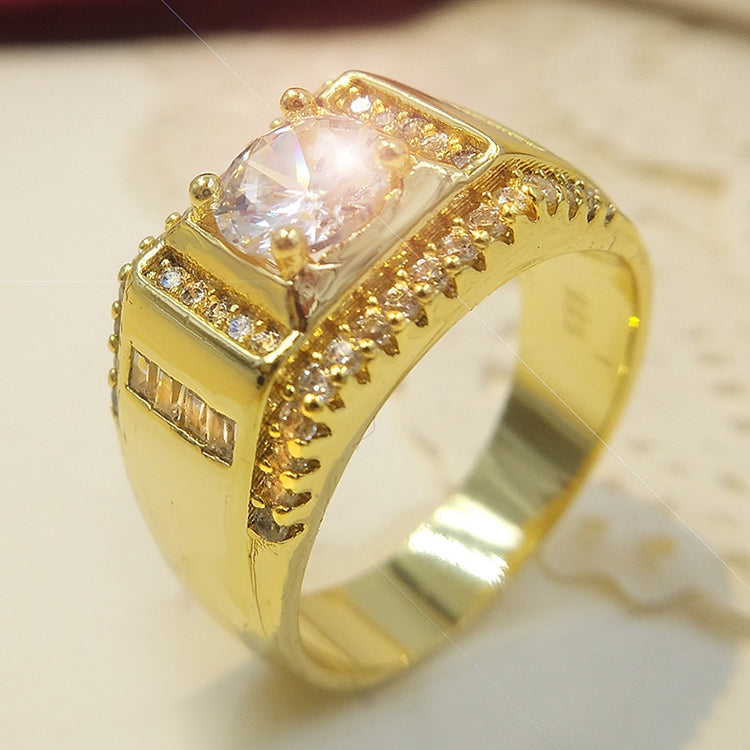 Fashion New Style Gold Plated + AAA Zircon Inlaid Rhinestone Men Diamond Ring, Size: 10, Diameter: 19.8mm, Perimeter: 62.1mm