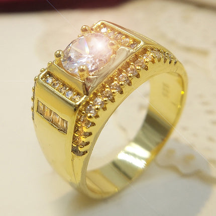 Fashion New Style Gold Plated + AAA Zircon Inlaid Rhinestone Men Diamond Ring, Size: 10, Diameter: 19.8mm, Perimeter: 62.1mm