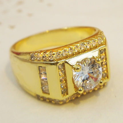 Fashion New Style Gold Plated + AAA Zircon Inlaid Rhinestone Men Diamond Ring, Size: 10, Diameter: 19.8mm, Perimeter: 62.1mm