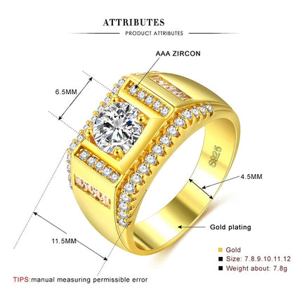 Fashion New Style Gold Plated + AAA Zircon Inlaid Rhinestone Men Diamond Ring, Size: 10, Diameter: 19.8mm, Perimeter: 62.1mm