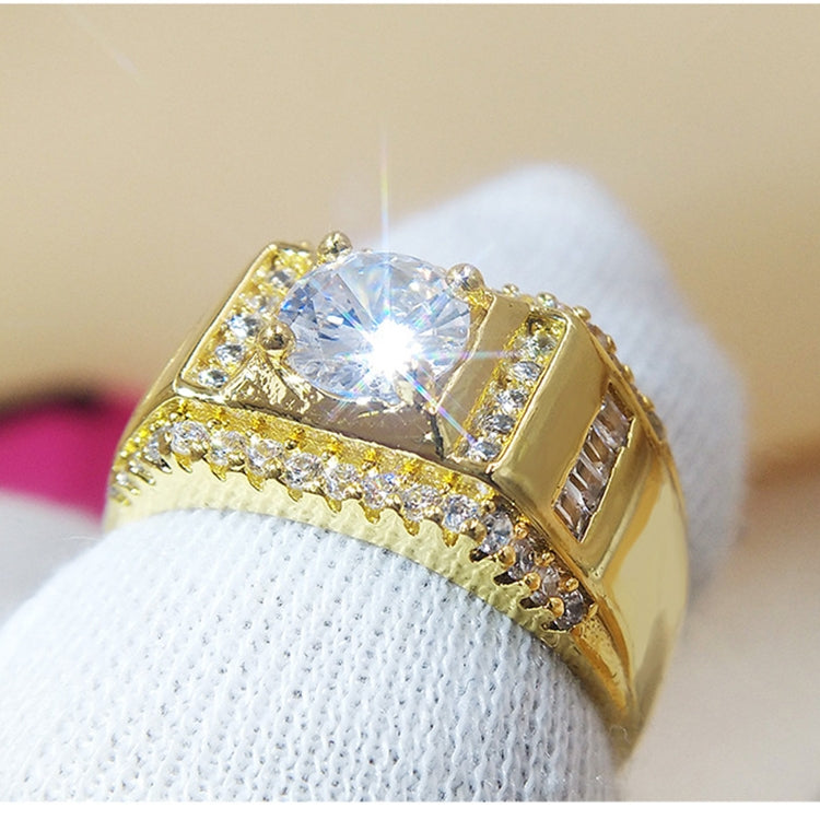 Fashion New Style Gold Plated + AAA Zircon Inlaid Rhinestone Men Diamond Ring, Size: 10, Diameter: 19.8mm, Perimeter: 62.1mm