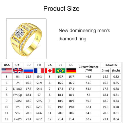 Fashion New Style Gold Plated + AAA Zircon Inlaid Rhinestone Men Diamond Ring, Size: 10, Diameter: 19.8mm, Perimeter: 62.1mm