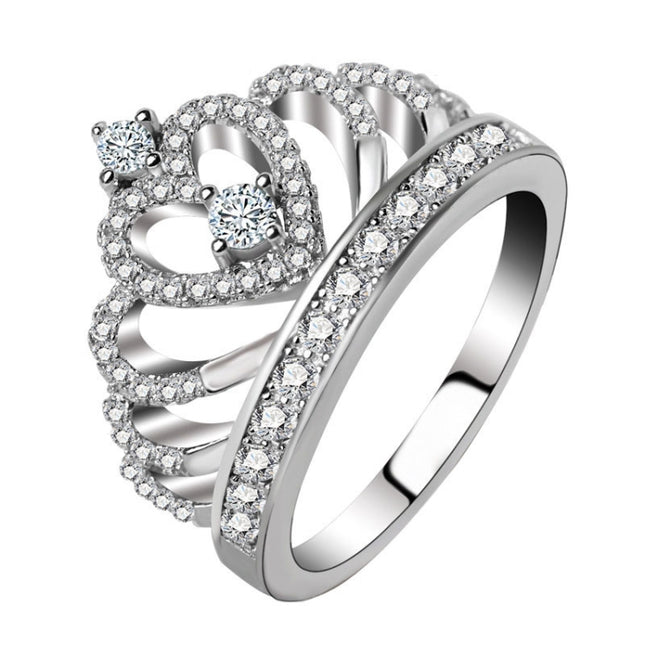 Princess Queen Crown-shaped Platinum Plated Zircon Ring, US Size: 5, Diameter: 15.7mm, Perimeter: 49.3mm