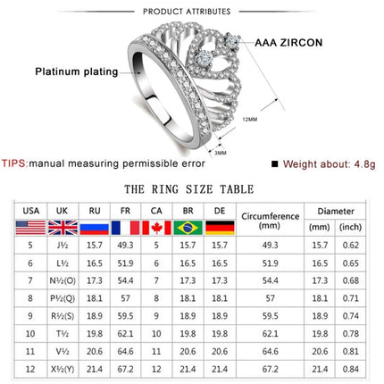 Princess Queen Crown-shaped Platinum Plated Zircon Ring, US Size: 5, Diameter: 15.7mm, Perimeter: 49.3mm