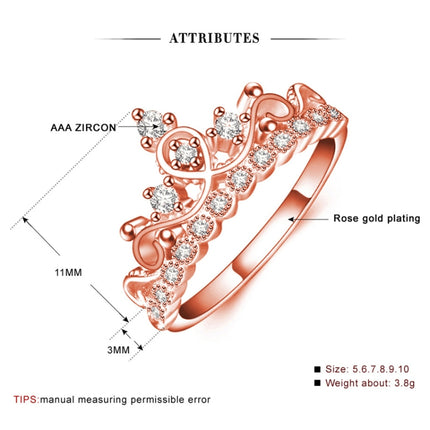 Princess Queen Crown-shaped Rose Gold Plated Zircon Ring, US Size: 6, Diameter: 16.5mm, Perimeter: 51.9mm