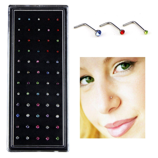 60 PCS Color Mixed Diamond Shape Stainless Steel Nose Stud Rings L Shaped Piercing Jewelry,Pin Length: 7mm, pin diameter: 0.6mm (Color)