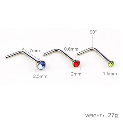 60 PCS Color Mixed Diamond Shape Stainless Steel Nose Stud Rings L Shaped Piercing Jewelry,Pin Length: 7mm, pin diameter: 0.6mm (Color)